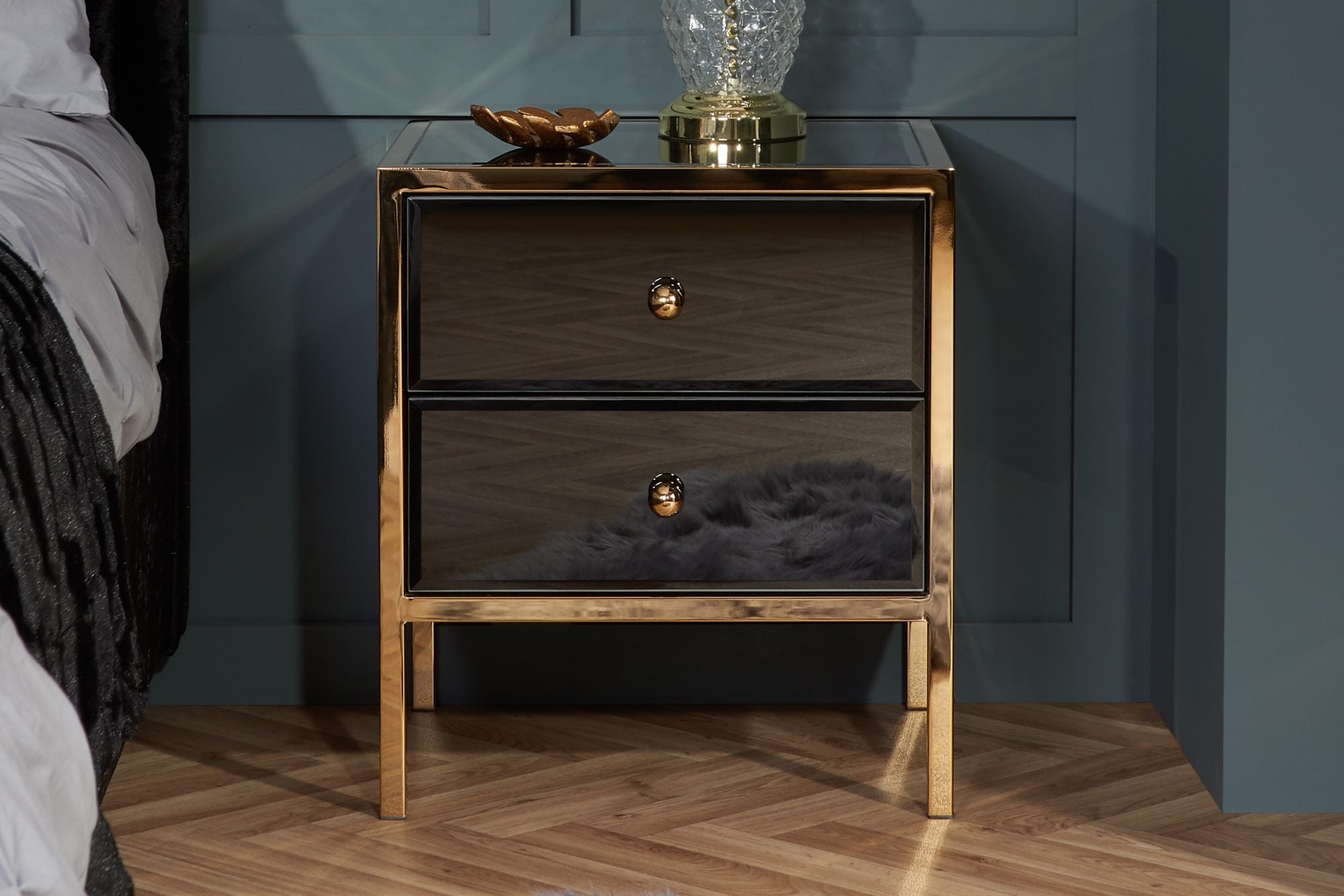 Flirty 2 Drawer Bedside Black & Gold