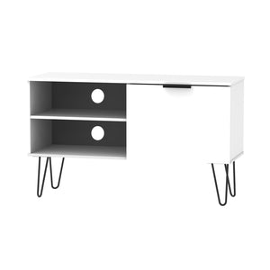 245 1 Door 2 Shelf TV Unit White Matt White Black Hairpin Leg