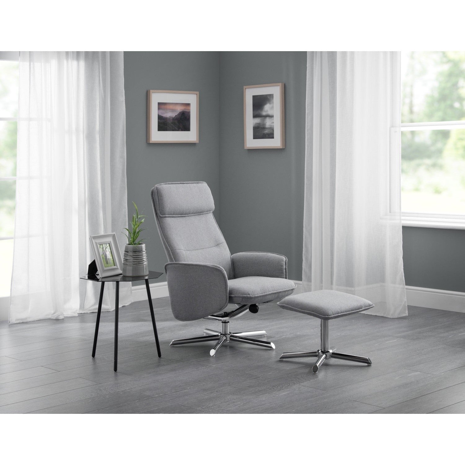 Aria Recliner & Stool With Chrome Base - Grey Linen