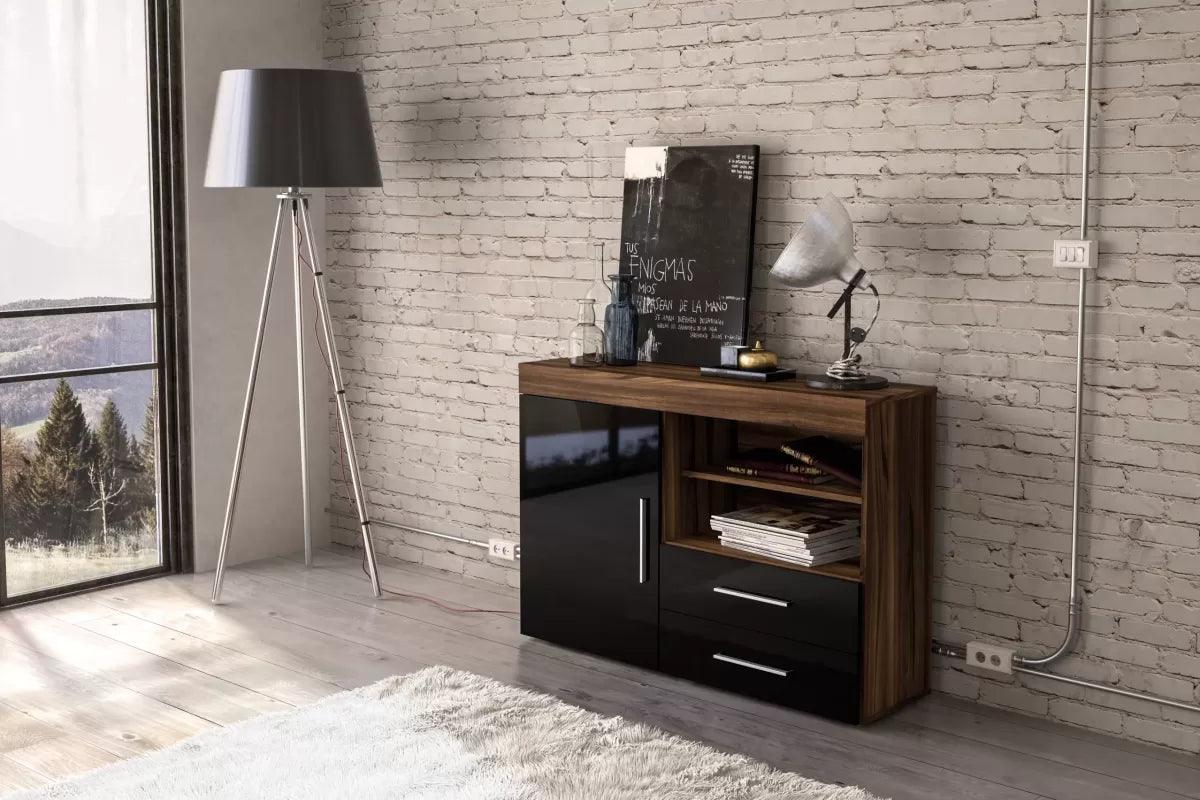Ebony 1 Door 2 Drawer Sideboard Walnut & Black