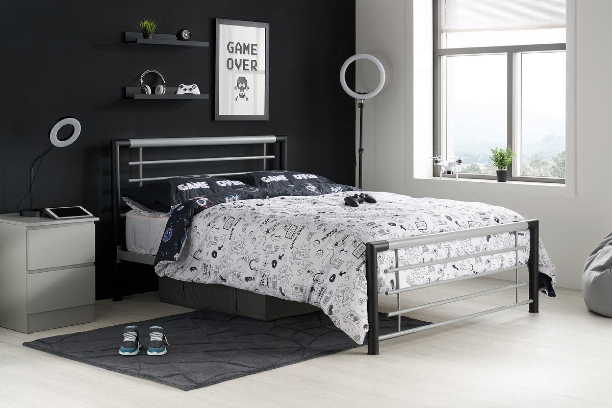 Fabio Small Double Bed Silver & Black