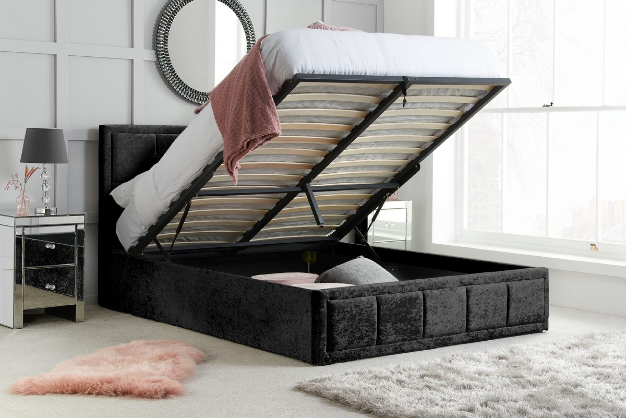 Hibiscus Double Ottoman Bed Black Crushed Velvet