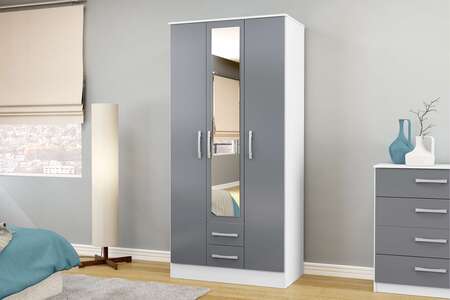 Lynx 3 Door 2 Drawer Wardrobe With Mirror White & Grey