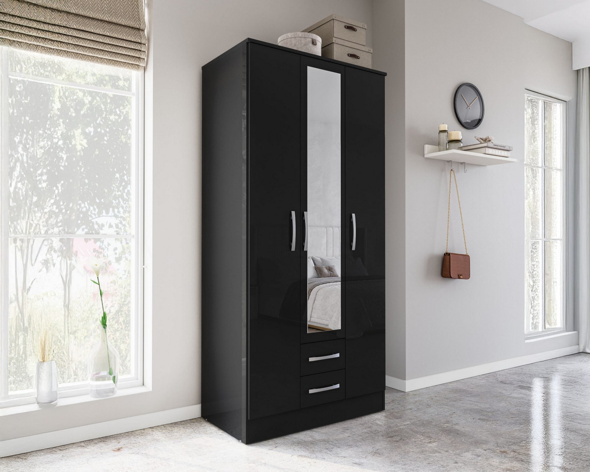 Lowther 3 Door 2 Drawer Wardrobe With Mirror Black
