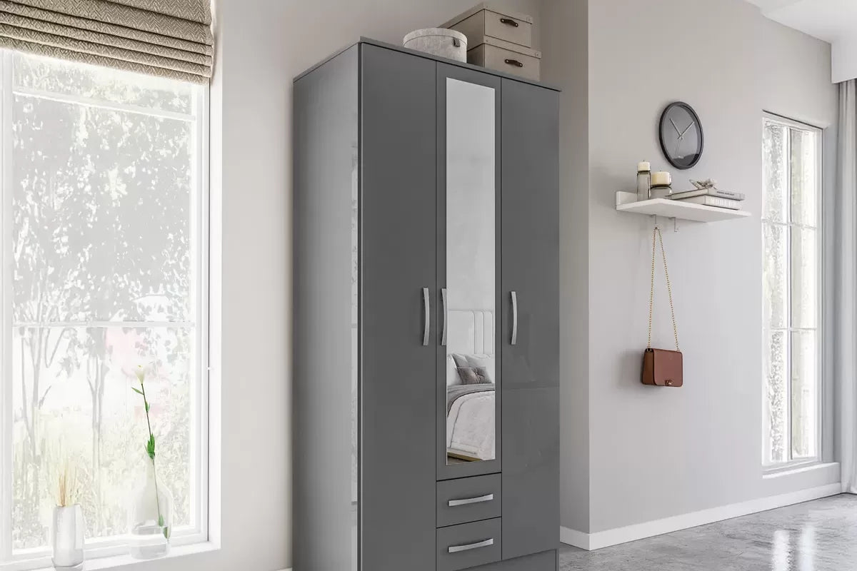 Lowther 3 Door 2 Drawer Wardrobe With Mirror Grey