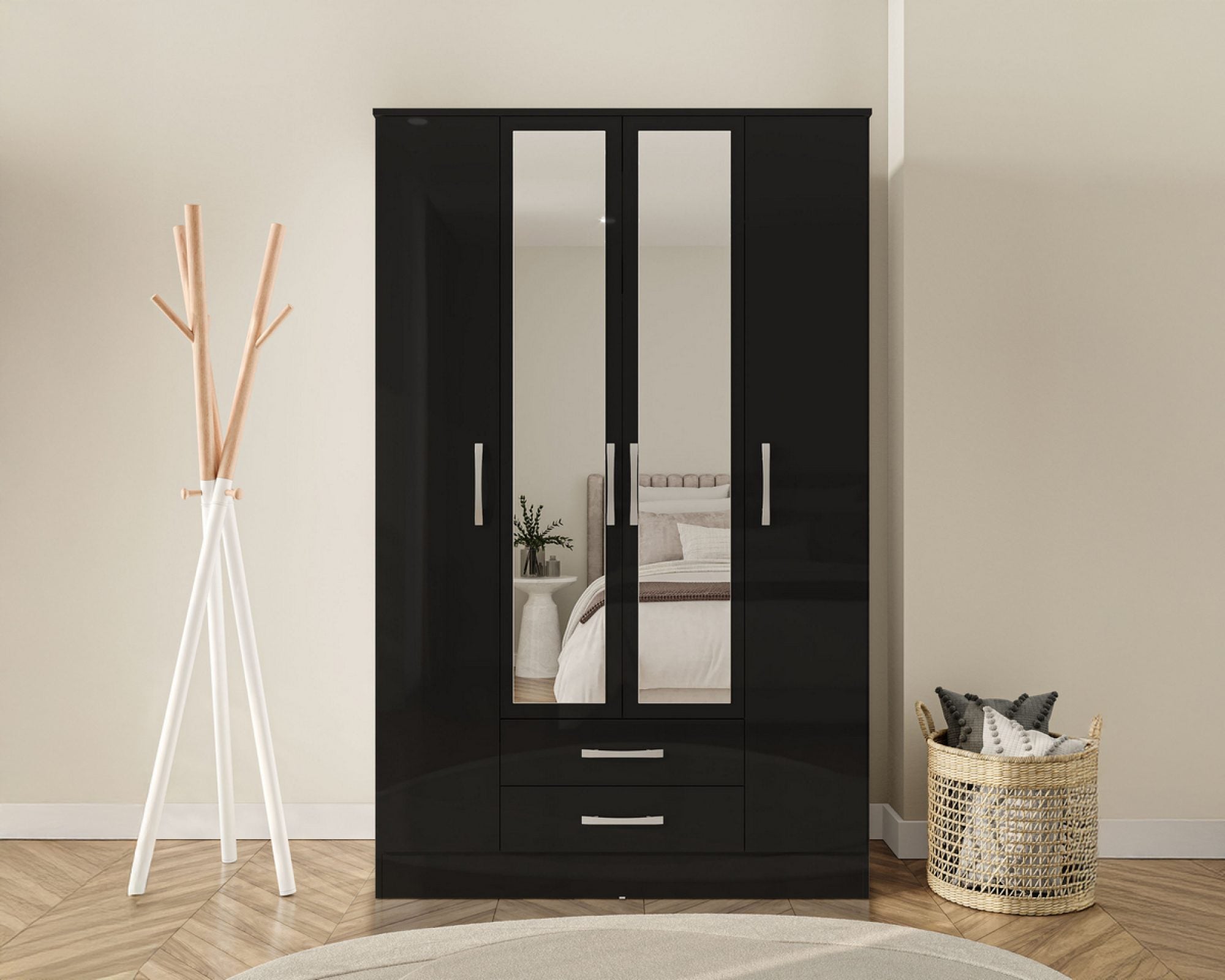 Lowther 4 Door 2 Drawer Wardrobe With Mirror Black