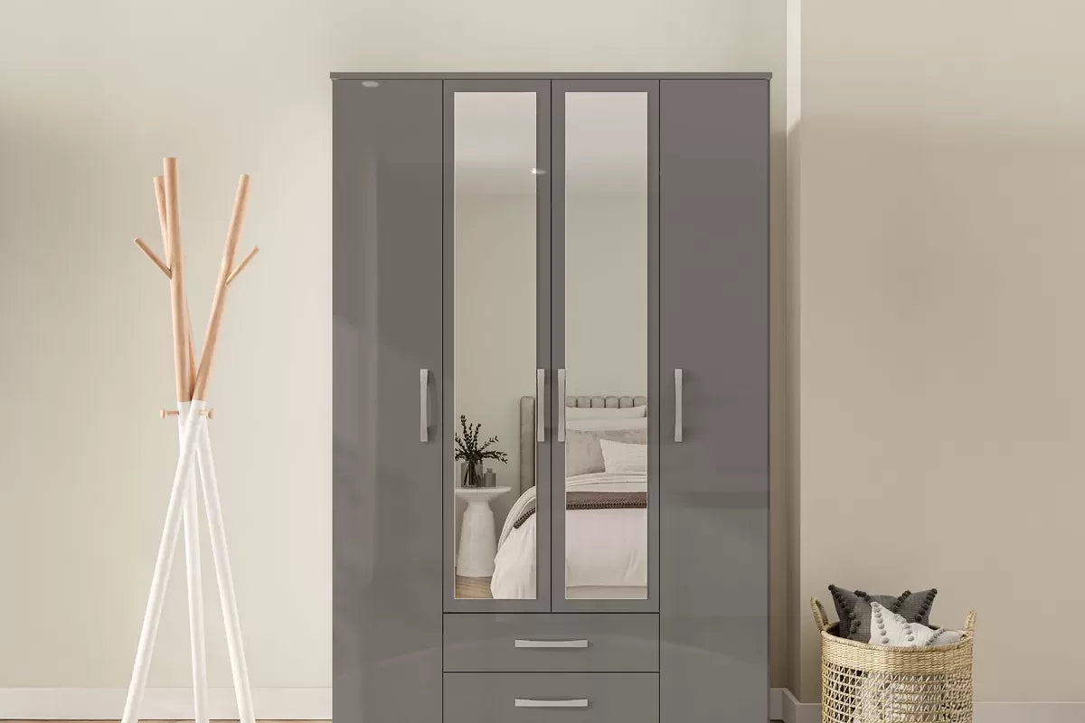 Lowther 4 Door 2 Drawer Wardrobe With Mirror Grey