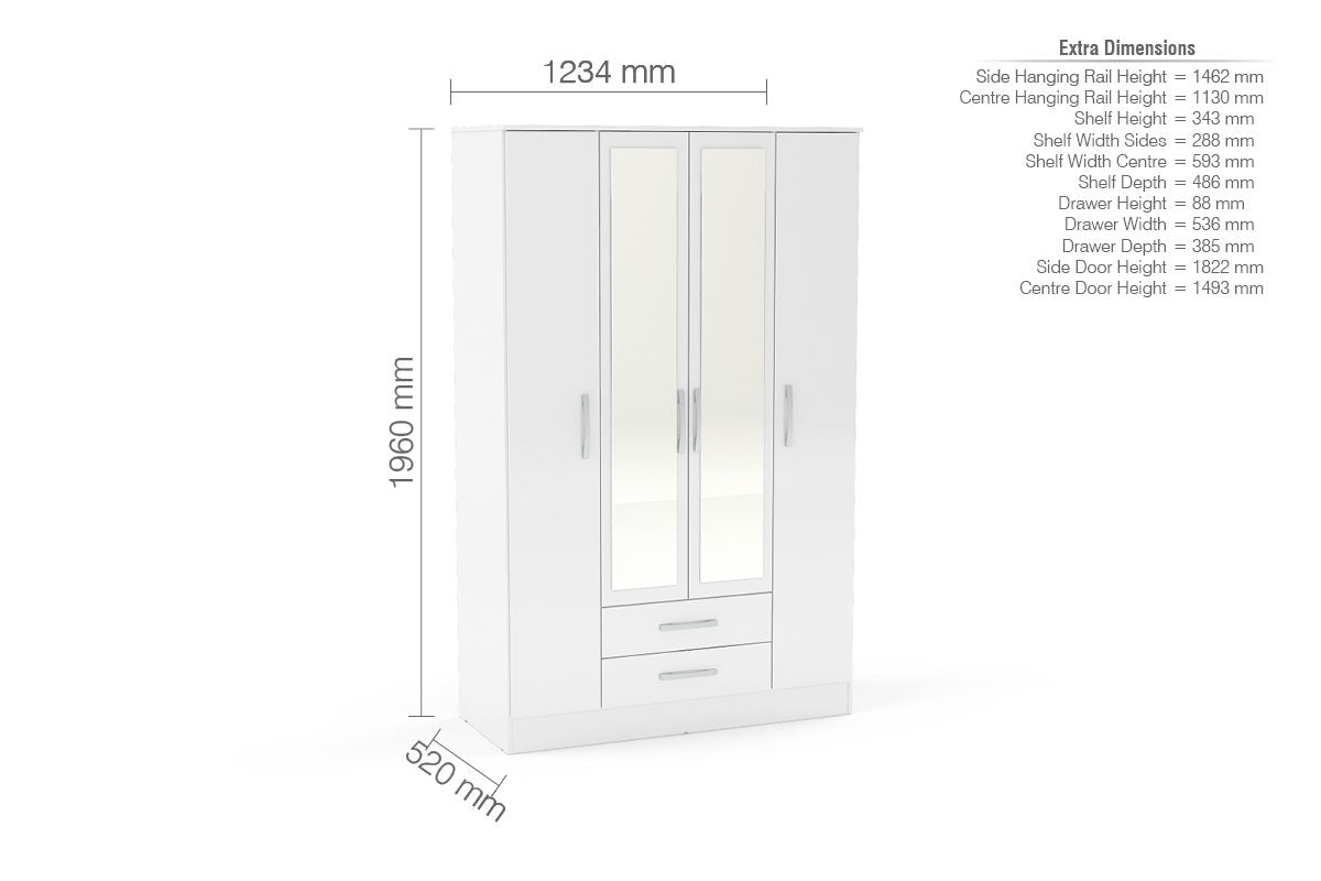 Lowther 4 Door 2 Drawer Wardrobe With Mirror White
