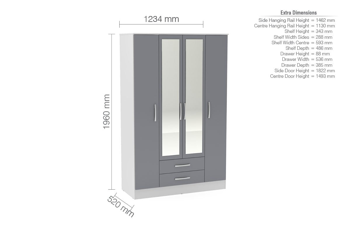 Lowther 4 Door 2 Drawer Wardrobe With Mirror White & Grey
