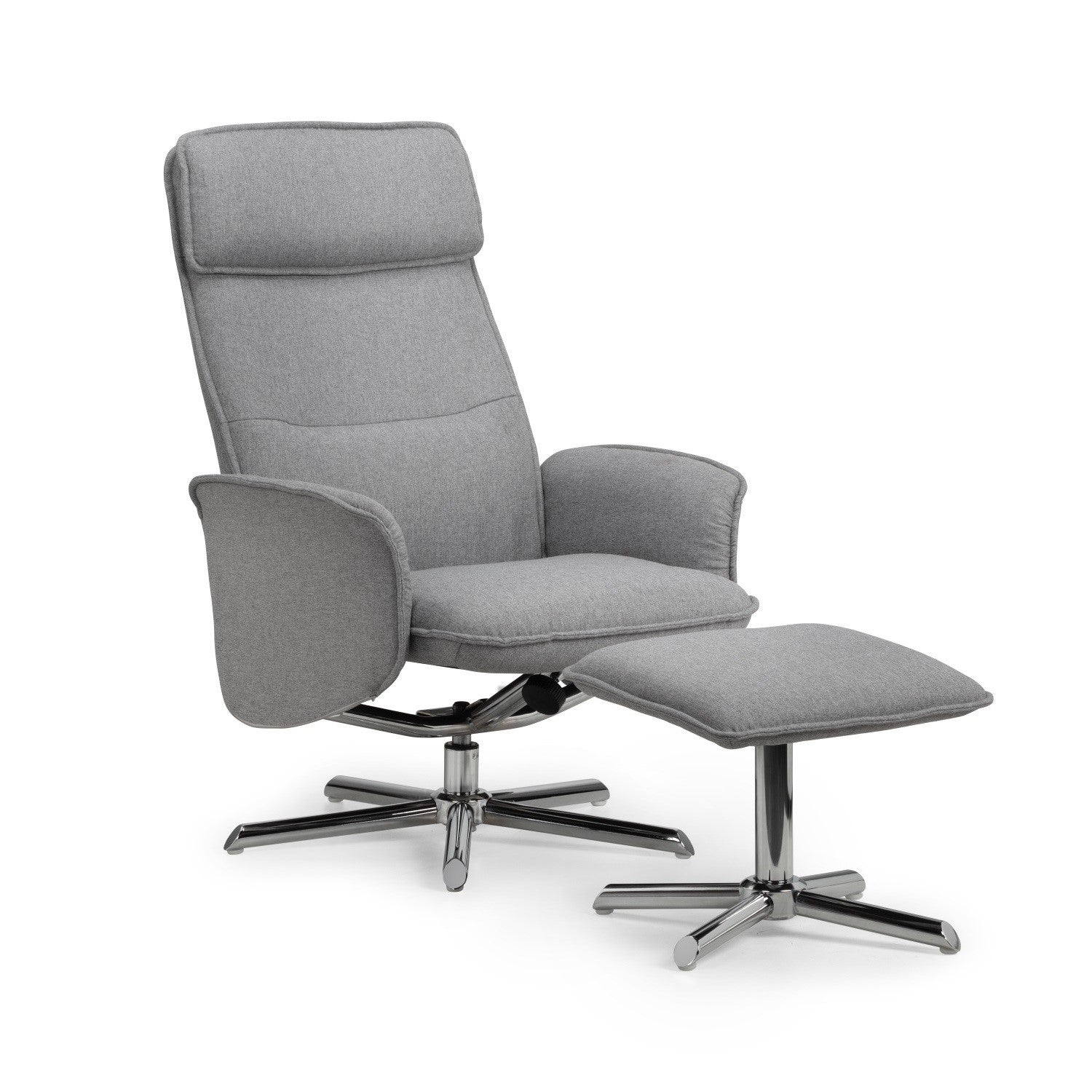 Aria Recliner & Stool With Chrome Base - Grey Linen